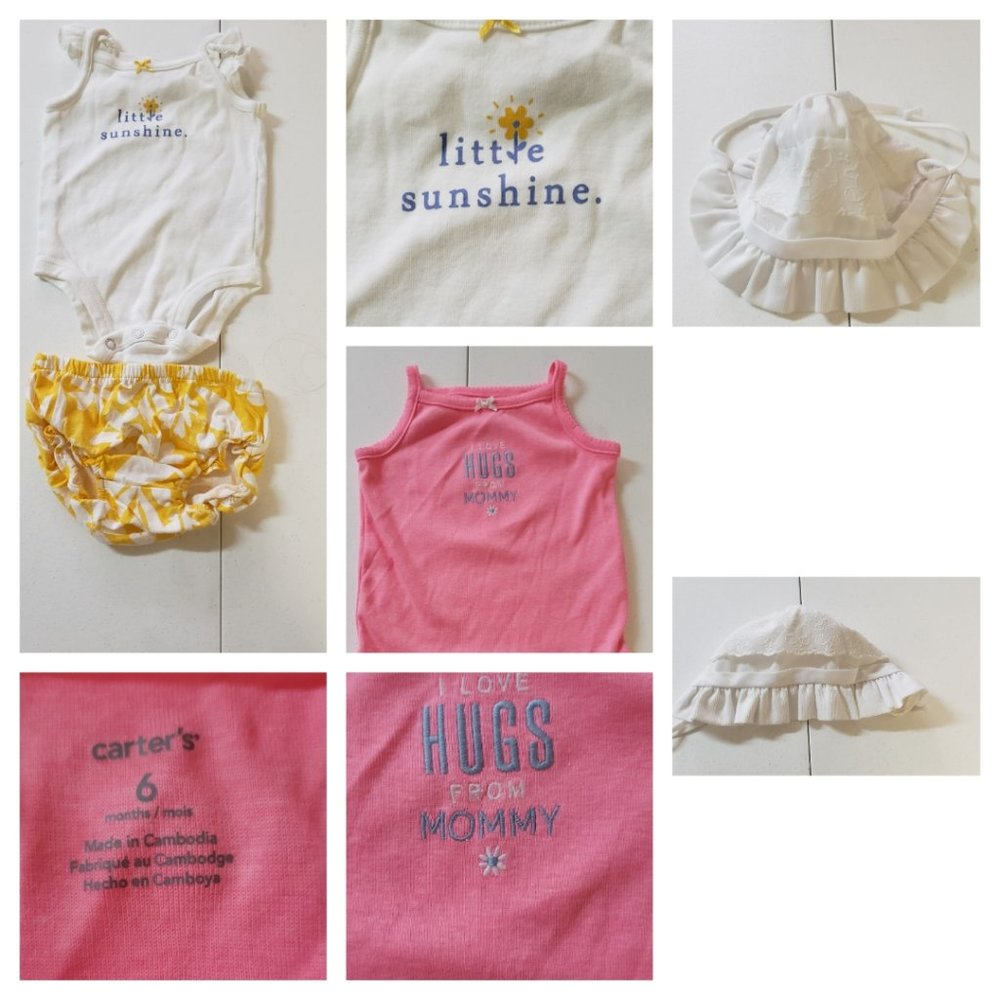 3 baby girl items. White onesie with shorts, pink onesie, white summer bonnet.